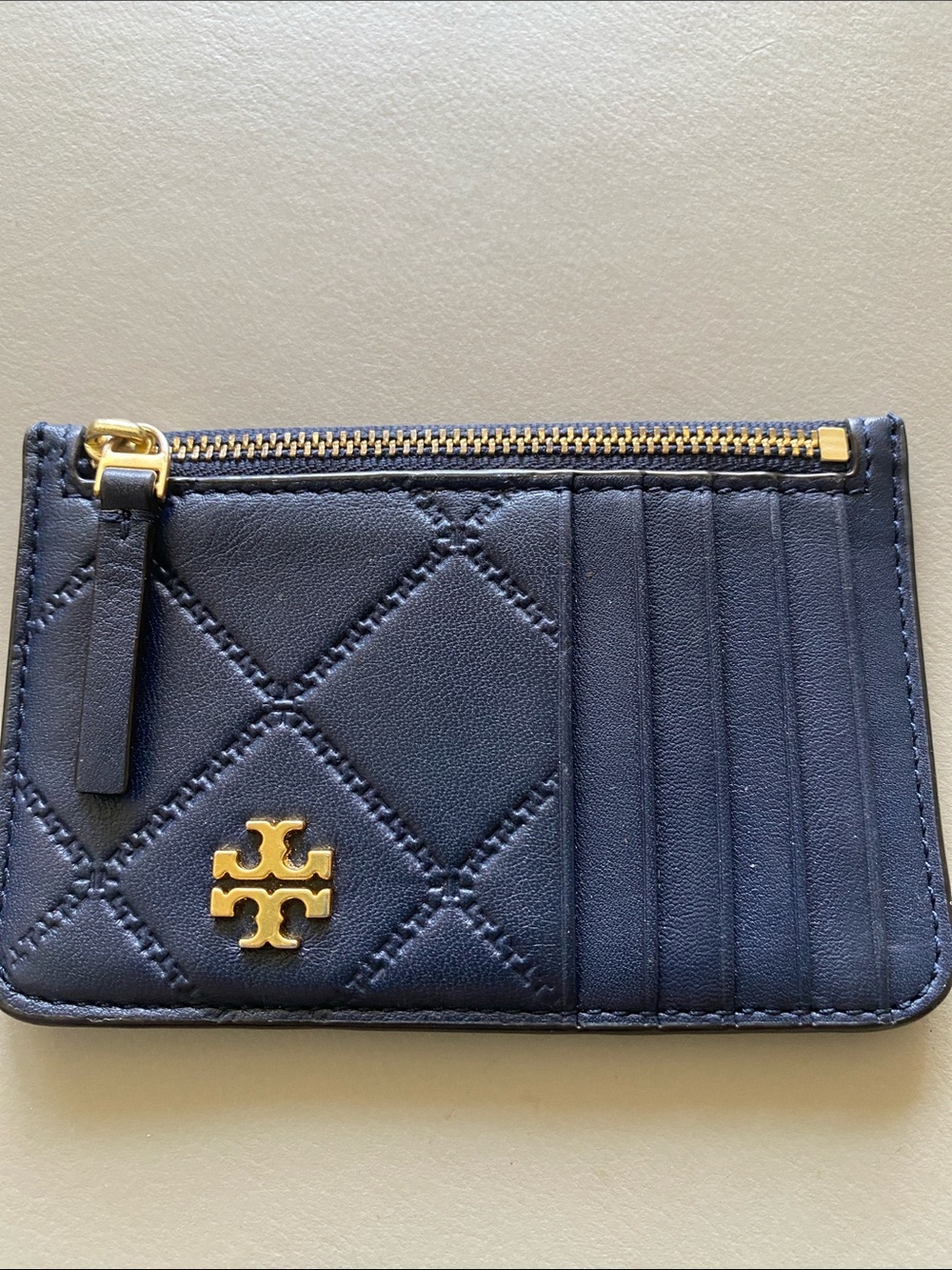 Tory Burch Navy Quilted Leather Card Holder with Gold Logo Zip pouch - Picture 3 of 3